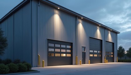 Fototapeta premium Modern industrial warehouse exterior with large doors, windows. Architectural building facade design. Commercial space, warehouse storage, logistics depot at dusk. Evening, night exterior. Building