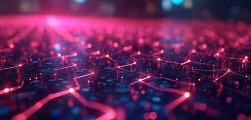Glowing digital circuitry with nodes lines in purple and red. High speed data transfer abstract background. Tech, network, cyber, computing, electronic, innovation, digital artwork.