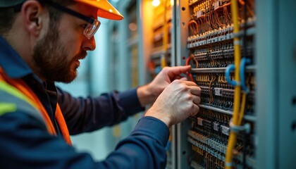 Technician connecting grounding system inside company electrical room. Close-up of wiring, precise measurements, ensuring optimal lightning protection. Man wearing safety glasses, orange hard hat,