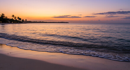 Tropical beach at sunset with palm trees and soft waves