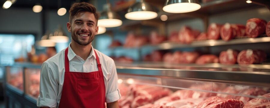 Smiling young butcher man in red apron at meat counter. Happy waiter in white shirt welcomes clients. Smiling butcher sells raw meat, beef, pork, chicken. Food store, market, shop.