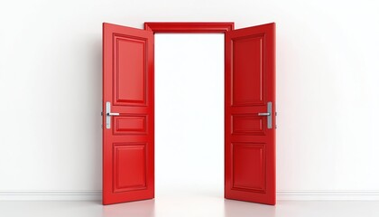 Plakat Open red double door on white background. Concept of new possibilities, success, dreams, hope. Entrance, exit, invitation, freedom. Bright color, glossy surface doors in room.