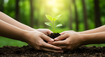 Young plant in the hands of a group of people, symbolizing environmental protection and growth.