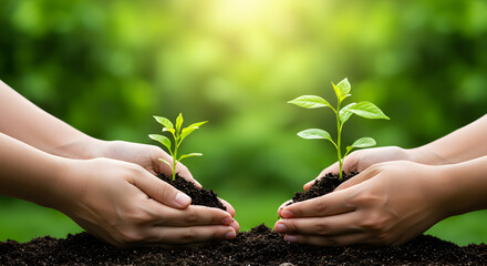 Two hands holding young plants, new life concept