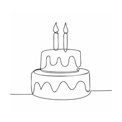 Minimalist one line drawing of a two tiered birthday cake with lit candles on white background