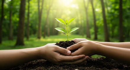 Hands holding a young plant with soil in a forest setting.