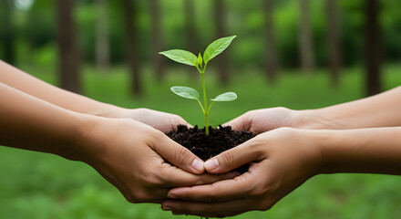 Hands holding a young plant, symbol of growth and sustainability.