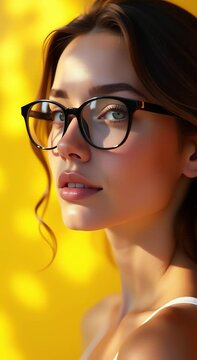 woman wearing glasses white top bright yellow background cheerful expression face
