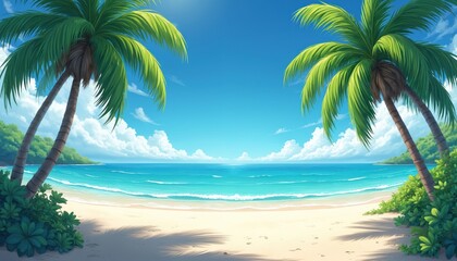 Obraz premium Tropical beach with swaying palm trees, turquoise water under bright sunny sky. White sand, clear sea. Perfect vacation paradise, ideal travel destination. Summer holidays at ocean coast.