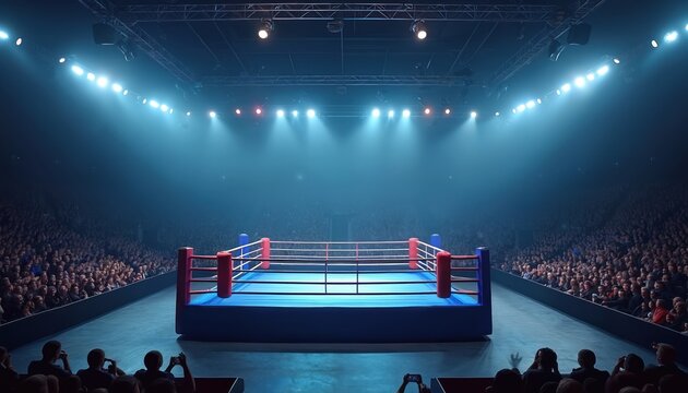 Empty boxing ring arena with a crowd audience. Powerful spotlights shine on the competition field. Boxing match championship fight concept with sport equipment and crowd. Night entertainment.