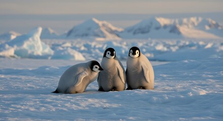 Emperor penguin chick trio standing on icy snowfield with distant snowy mountains
