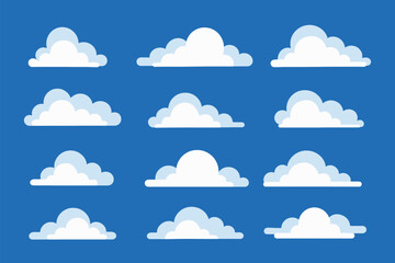 Set of cartoon white clouds on blue sky background, flat vector cloud collection, vector illustration