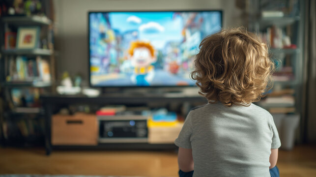 Child watching tv show on a screen at home during leisure time emphasizing entertainment, concentration, comfort, media consumption, and digital viewing impact on children development