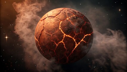 A cracking planet with molten core surrounded by nebula and stars depicting cosmic events