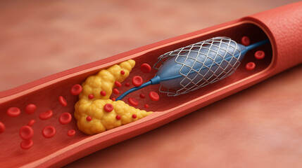 unblocking  cardiovascular patient Stent implantation for supporting blood circulation in blocked vessel artery with insertion for improved flow