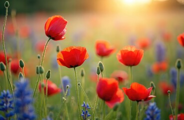 Vibrant summer meadow full of blooming red poppies, blue wildflowers. Sun shines on nature landscape. Perfect floral background or wallpaper, symbol of beauty, serenity. Perfect for design work.