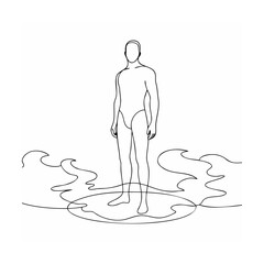 Minimalist line art illustration of a man standing on an abstract water surface