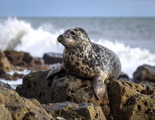 Grey Seal Resting on Rocky Shoreline