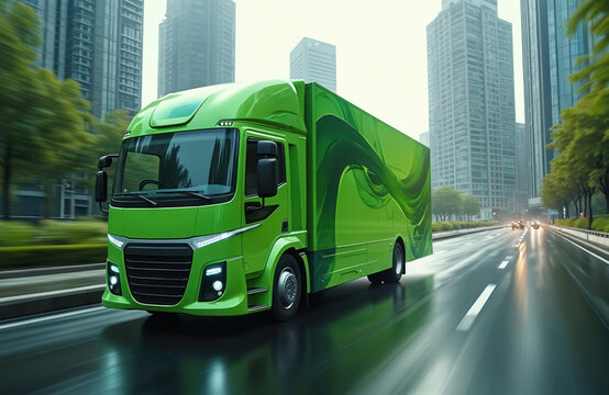 Modern green electric delivery truck moves on city highway, eco-friendly transport concept. Sustainable urban logistics, cargo transportation. Green energy vehicle, zero emission, ideal for delivery
