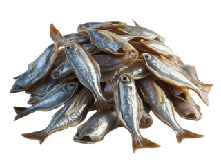 A close-up shot of a pile of dried fish, showcasing their silvery scales and detailed textures isolated on transparent background, cut out, png, seafood, or market-related projects. 