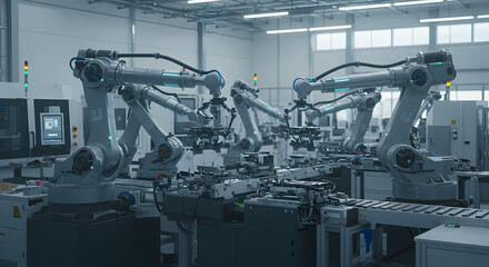 Automated robotic arms assembling components on a factory production line.