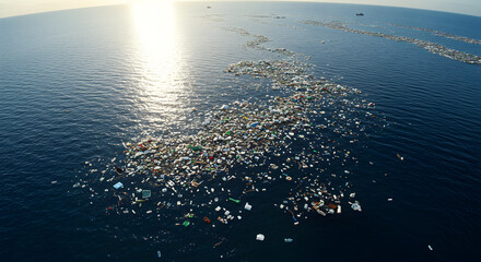 Aerial view of ocean plastic pollution floating in the sea