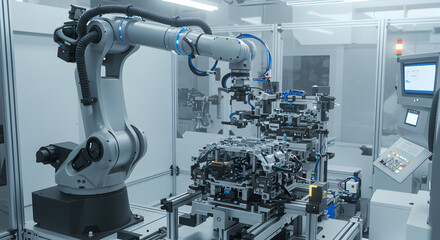 Automated manufacturing process with robotic arm in a modern factory.