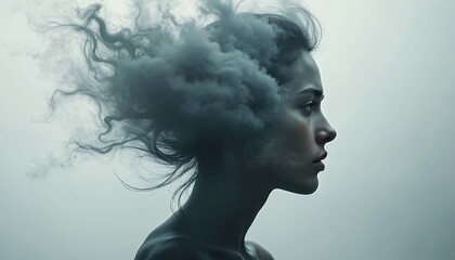 Artistic double exposure image of woman profile intertwined with clouds. Symbolizes nature, human emotion. Surreal portrait, dramatic atmospheric beauty, movement, energy, face expression art.