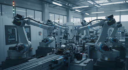 Automated Robotic Arm Assembly Line in Modern Factory