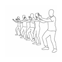 Group of silhouetted people practicing a tai chi or martial arts exercise sequence