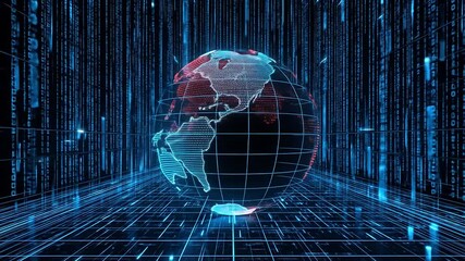 Simulated world with 3D grid structure and rising binary code creating visual data patterns - Powered by Adobe