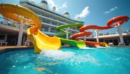 Colorful water slides, water splash in swimming pool on sunny day with blue sky. Cruise ship at background, fun and leisure at the resort, vacation concept.