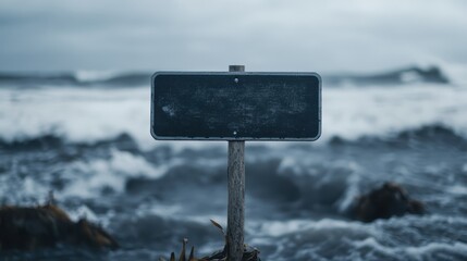 A weathered signpost stands alone in the foreground while ferocious ocean waves crash in the background, symbolizing solitude and the relentless power of nature.