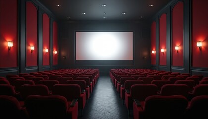 Front view of empty classic cinema hall with red velvet chairs. Large white screen, dim lights, red wall panels, dark black floor. Modern film premiere, movie industry, entertainment concept. Mockup