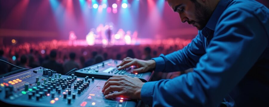 Sound engineer adjusts audio mixer during music concert. Technician controls sound system. Concert, event production. Stage lighting, crowd in background. Technology, live performance.
