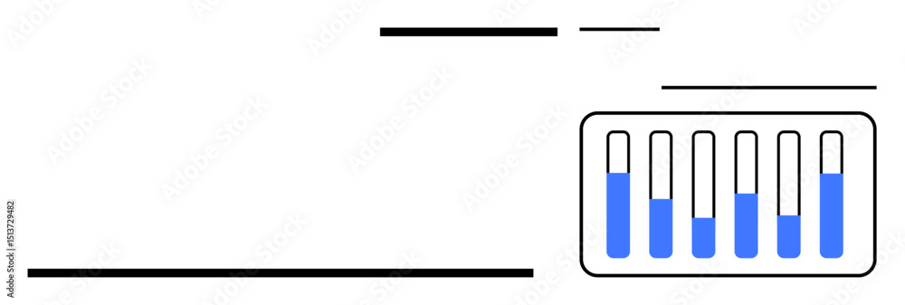 Poster vertical bar graph with varying blue levels in rectangular box, clean design lines. ideal for analyt