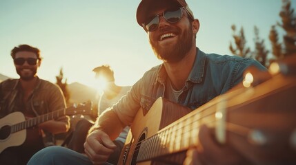 This lively image captures a group of friends enjoying a music session outdoors, playing guitars against a stunning sunset backdrop, filled with laughter and joy.