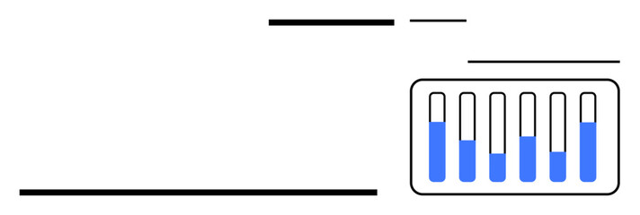 Vertical bar graph with varying blue levels in rectangular box, clean design lines. Ideal for analytics, reporting, finance, data science, education, business dashboards, simple landing page