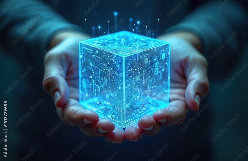 Aufkleber hands holding glowing digital cube. data, technology, innovation, digital age, future concepts, cybe