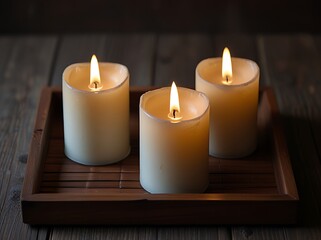 Three glowing candles illuminate a dark, wooden table, their flames casting a romantic light