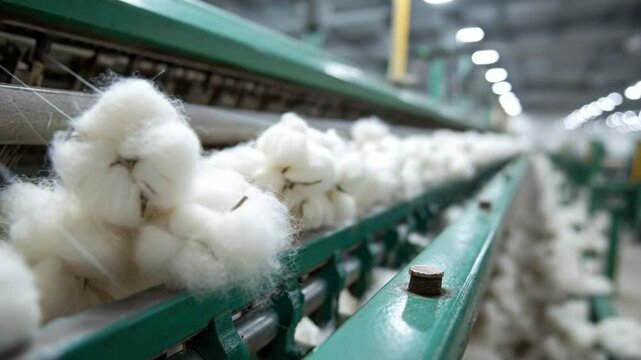 Cotton Production in Factory: A close-up view inside a modern factory, revealing the intricate process of cotton production. The soft, fluffy cotton bolls are shown in detail.