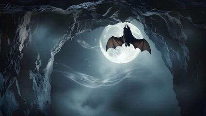 Bat Silhouette Flying Across Full Moon Inside Cave