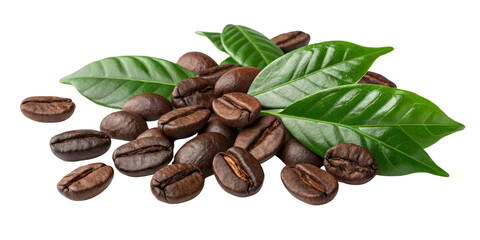 Obraz premium Coffee Beans with Leaves, Isolated on Transparent Background, High-Resolution Image, Food Photography, Coffee, Beans, Leaves