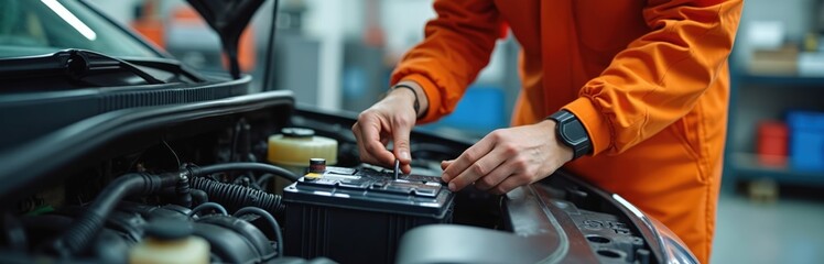 Car mechanic repairs electric battery in auto repair service. Technician hands installing or replacing car battery in auto repair shop, maintenance, automotive repair. Car maintenance, repair service.