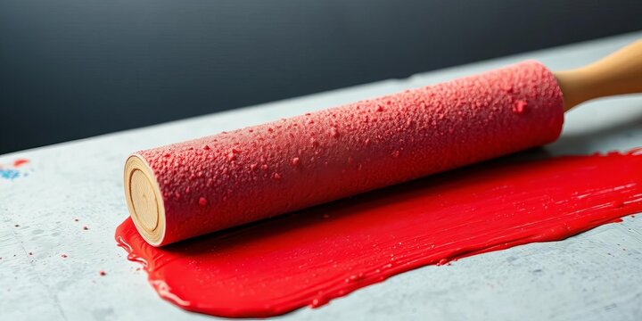 Close-up textured red paint roller stroke on flat surface, brush, application