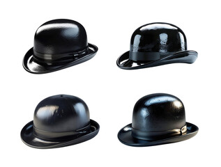 Four identical black bowler hats rest, showcasing classic British elegance and timeless style isolated on transparent background, cut out, png