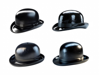 Four identical black bowler hats rest, showcasing classic British elegance and timeless style isolated on transparent background, cut out, png