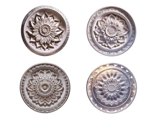 A quartet of meticulously crafted, circular ceiling medallions showcase intricate floral designs and architectural detailing, isolated on transparent background, cut out, png