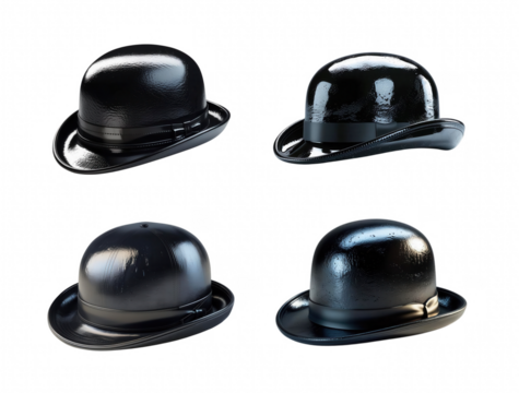 Four identical black bowler hats rest, showcasing classic British elegance and timeless style isolated on transparent background, cut out, png