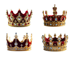 A selection of intricately designed crowns, each exuding majesty and power, fit for royalty, isolated on transparent background, cut out, png